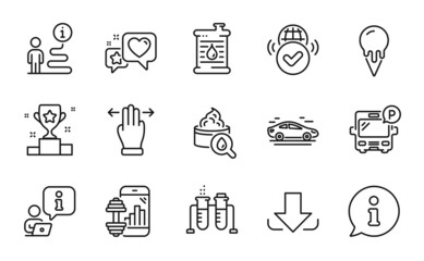 Business icons set. Included icon as Oil barrel, Moisturizing cream, Car signs. Chemistry beaker, Ice cream, Multitasking gesture symbols. Download, Bus parking, Heart. Verified internet. Vector