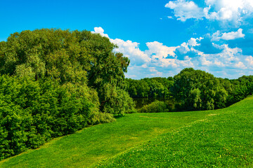 Fototapeta na wymiar Peaceful summer landscape with green hills, beautiful woods, meadows and fields. Spring forest landscape. View Green Meadow, Forest Landscape.