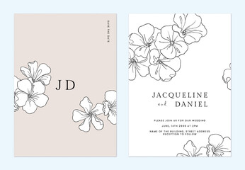 Floral wedding invitation card template, line art flowers on brown and white