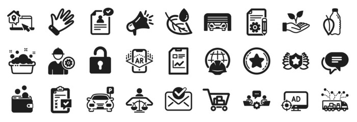 Set of Business icons, such as Loyalty star, Parking, Report document icons. Work home, Checklist, Hand signs. Hand washing, Wallet money, Parking garage. Internet shopping, Water bottle. Vector