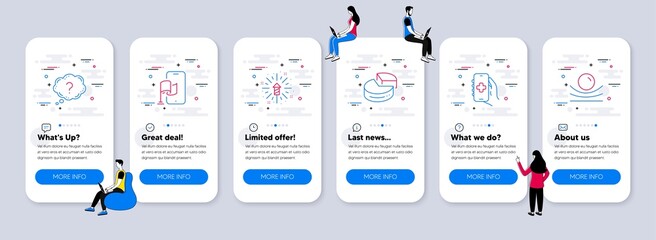 Business icons set. UI phone app screens with teamwork. Included icon as Health app, Question mark, Location app signs. Pie chart, Fireworks explosion, Elastic material line icons. Vector