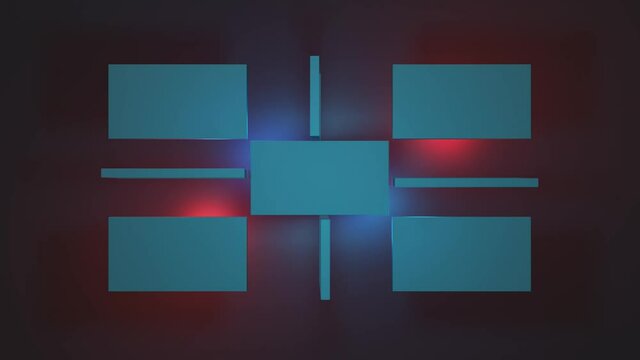 3d rendering of abstract background with blue panels and red lights in a looping motion. Abstract background.