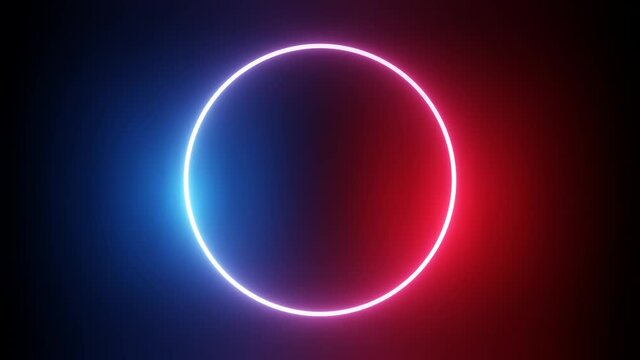 Neon abstract background with circle and red and blue lights moving around it. Slow turn. Shiny disc. Abstract footage video. Black background.