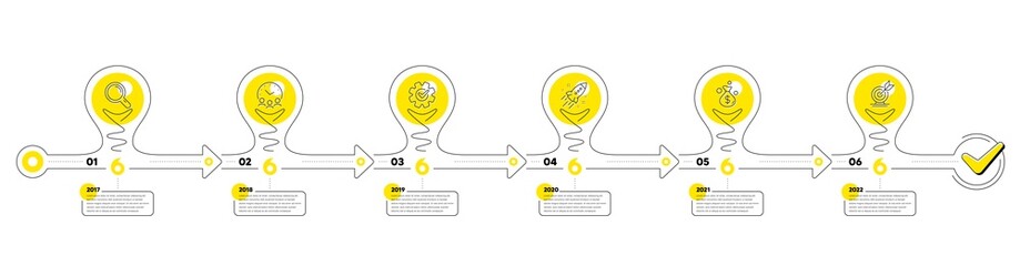 Business Infographic timeline with 6 steps. Lightbulb journey path infographics. Workflow process diagram with Research Idea, Working time, Money earn and Goal target line icons. Vector