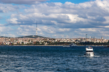 Fototapeta na wymiar The Bosporus strait with sea traffic, ships and boats in Istanbul, Turkey