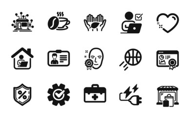 Vector set of Face verified, Basketball and Heart icons simple set. Fair trade, Work home and First aid icons. Cogwheel, Market and Online voting signs. Face verified simple web symbol. Vector