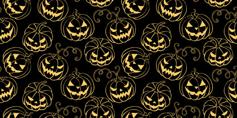 Vector Seamless pattern with pumpkins, Jack o Lantern. Halloween backgrounds and textures in flat doodle style, isolated