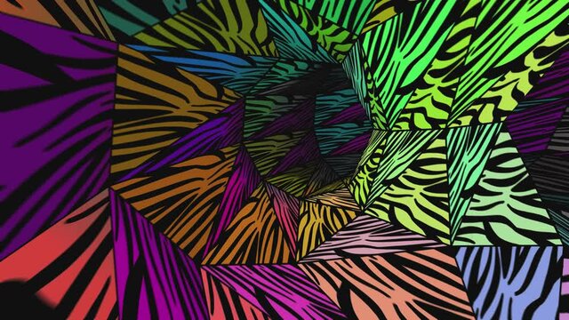 Abstract psychedelic zebra geometric background. Seamless animation of a lowpoly tunnel.