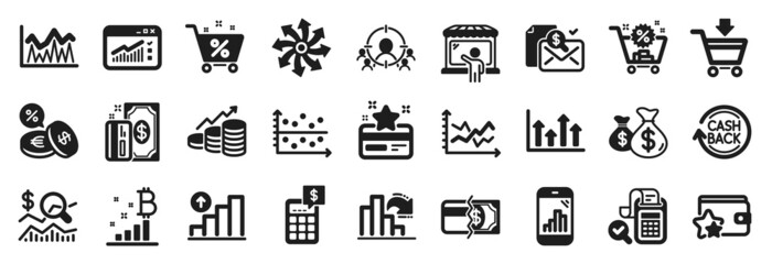 Set of Finance icons, such as Growth chart, Bill accounting, Diagram chart icons. Shopping cart, Calculator, Payment signs. Market seller, Loan percent, Decreasing graph. Bitcoin graph. Vector