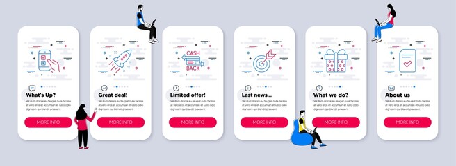 Vector Set of line icons related to Gift box, Startup rocket and Target icons. UI phone app screens with teamwork. Cashback card, Mobile survey and Checked file line symbols. Vector