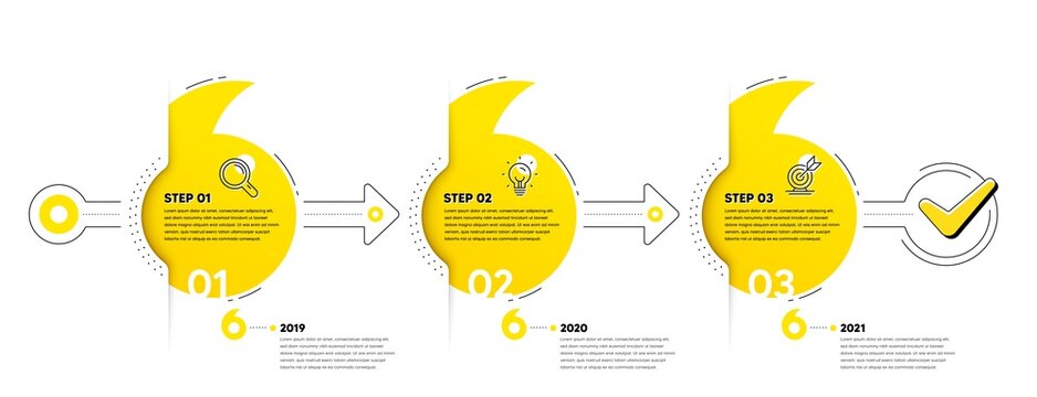 Business Infographic template. Quotes journey path infographics. Timeline with 3 steps. Workflow process diagram with line icons. Research, Idea bulb and Goal target icon. Vector