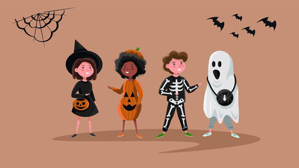 Kids wearing halloween costumes. Witch, skeleton, pumpkin, ghost.