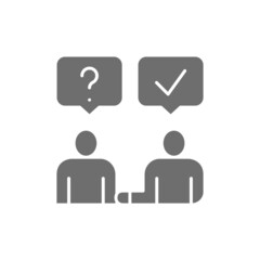 Man answers questions, people with speech bubble, communication grey icon.