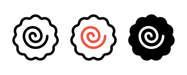 Narutomaki or kamaboko surimi vector icons set in outline and filled style. Traditional Japanese naruto steamed fish cake with pink swirl in the center. Topping for ramen noodle soup isolated.