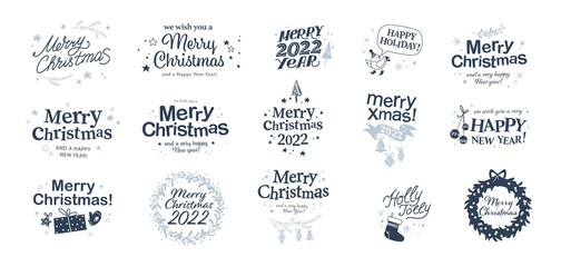 Merry Christmas and Happy New year congratulations designs with hand writing and holiday icons isolated. Vector flat illustration. For cards, banners, prints, packaging, invitations, tags.