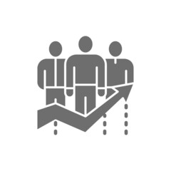 Business team efficiency, company workers with big arrow grey icon.