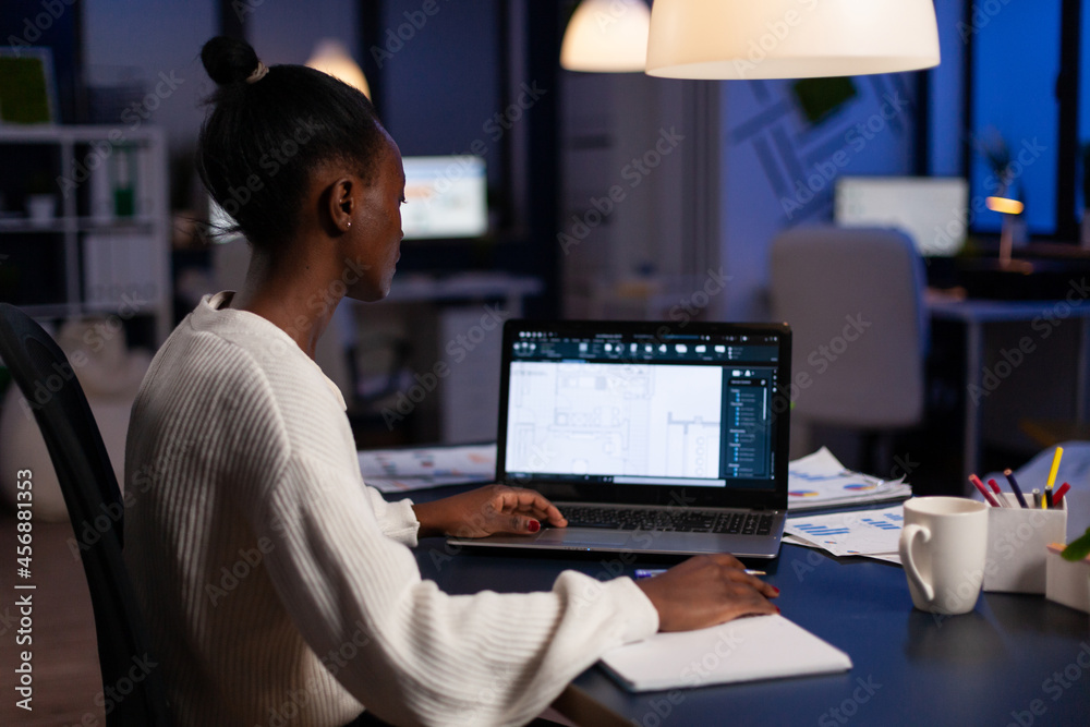 Poster overworked architect analyzing blueprint engineering project plan developing industrial architecture