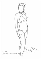 Beautiful, fit girl in  swimsuit posing on a beach at summer. Sea background-continuous one line