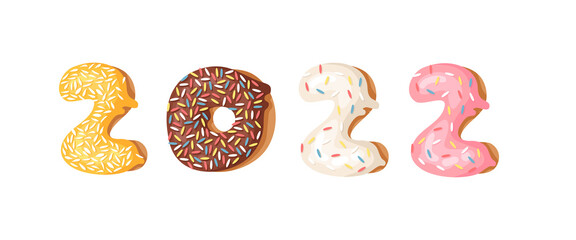 Happy New Year Greeting Card with numbers 2022. Cartoon vector illustration donut. Hand drawn font with sweet bun. Actual Creative bake alphabet