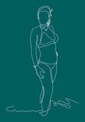 Beautiful, fit girl in  swimsuit posing on a beach at summer. Sea background-continuous one line