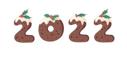 Happy New Year Greeting Card with numbers 2022. Cartoon vector illustration Christmas Pudding. Hand drawn font. Actual Creative Holidays  alphabet
