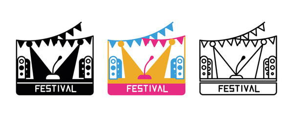 Festival stage icon set. Musical stage carnival line icon. Festival and event icon set. Silhouette, colorful and linear set.