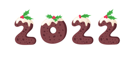 Happy New Year Greeting Card with numbers 2022. Cartoon vector illustration Christmas Pudding. Hand drawn font. Actual Creative Holidays bake alphabet