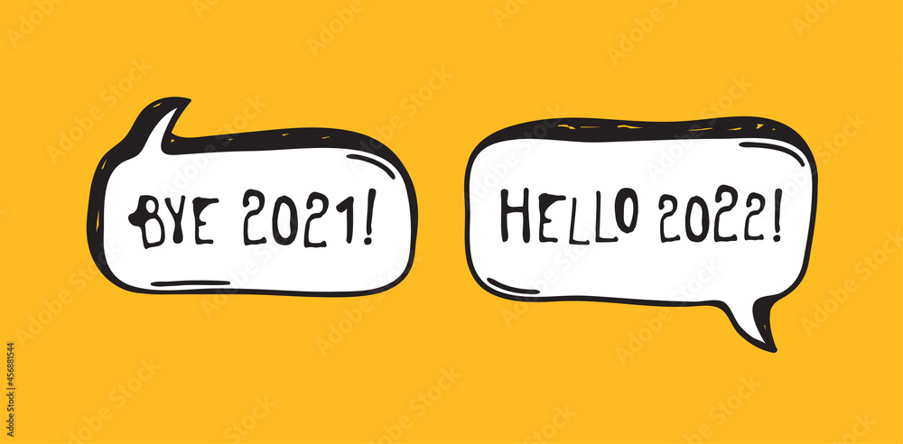 Poster hand drawn speech bubbles with text about new year. vector pop art object. doodle elements dialog