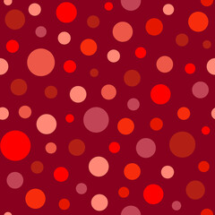 Seamless abstract pattern of scarlet circles and dots on red background. Kaleidoscope background.