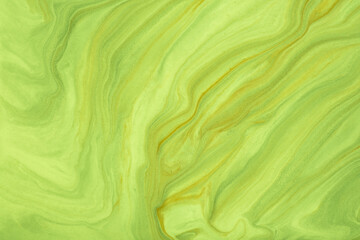 Abstract fluid art background bright green and olive colors. Liquid marble. Acrylic painting with...