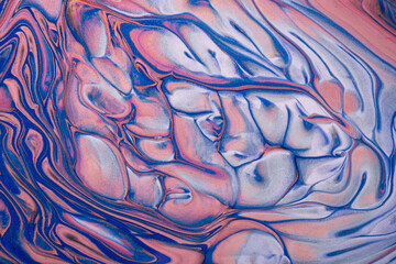 Abstract fluid art background navy blue and pink colors. Liquid marble. Acrylic painting with silver gradien.