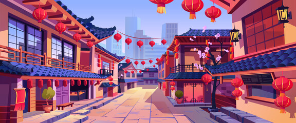 Chinese new year street festively decorated with lanterns, chinatown city background. Vector panorama with asian buildings and sakura blossoms, houses and lanterns, garlands, skyscrapers on background - obrazy, fototapety, plakaty