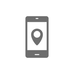 Smartphone with destination mark, geolocation, gps navigations grey icon.