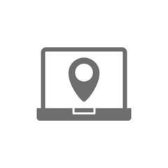 Laptop with destination mark, navigator, geolocation grey icon.