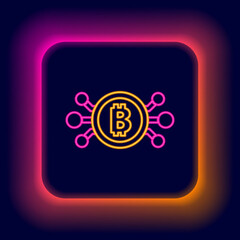 Glowing neon line Cryptocurrency bitcoin in circle with microchip circuit icon isolated on black background. Blockchain technology, digital money market. Colorful outline concept. Vector