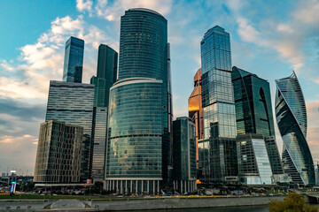 Moscow City Business Center against the sunset sky. Skyscrapers of Moscow City.