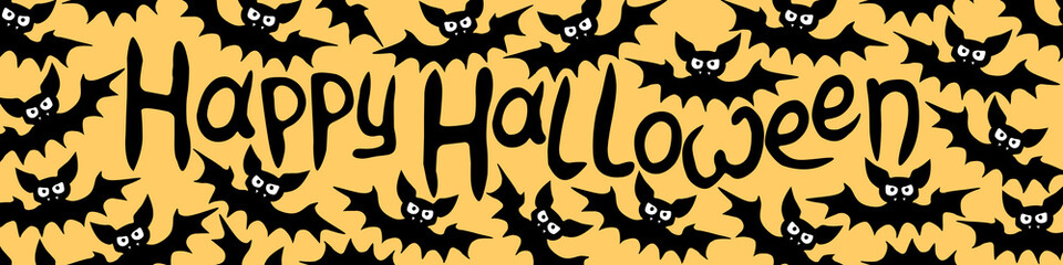 Vector banner with vampire bats and Happy Halloween lettering. Border, frame, decor for greeting card, invitation, party poster in flat style