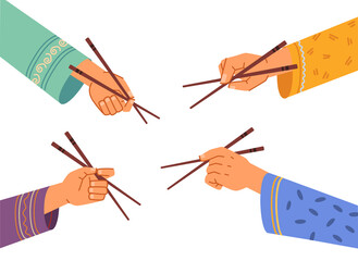 Hands hold Chinese chopsticks isolated flat cartoon set. Vector oriental people with wooden sticks in arms, traditional kitchen utensils to eat China food, asian cuisine eating tools, objects