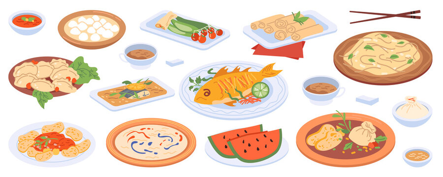 Reunion dinner with food on plates isolated flat cartoon icons set. Vector traditional China cuisine dishes, fish and rice, soup and vegetables, dumplings and watermelon. Chopsticks and sauces