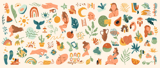 Abstract modern trendy various shapes, objects, plants and animals isolated doodle hand drawn flat cartoon icons set. Vector resting woman, avocado fruit, moon and flowers, vases and birds, glasses