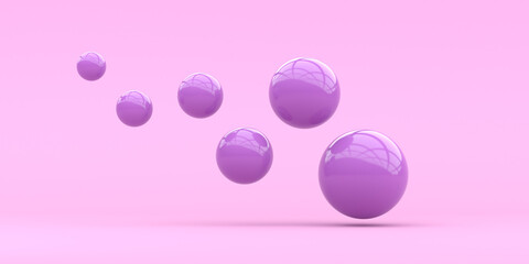 Serene spheres are falling on a pink background. 3d render illustration. Abstract background for ideas.