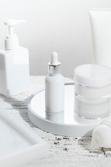 Fototapeta na wymiar white background, cosmetic makeup bottle lotion cream product with beauty fashion skincare healthcare concept, facial foam treatment
