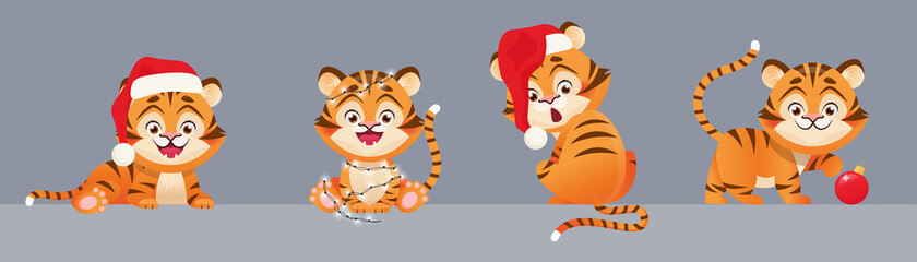 Tiger as Symbol of 2022 New Year, in Santa hat and other Christmas decoration. Chinese zodiac. Cartoon vector illustration