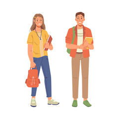 Students of high school, college or university, boy and girl isolated flat cartoon characters. Vector guys woman and man, teenager standing with backpacks and books in hands, education and knowledge