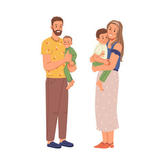 Happy family, father, mother, two sons together isolated flat cartoon characters. Vector mature age couple with children. Parents holding kids on hands, husband and wife, mom and dad, parenthood
