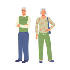 Mature couple, elderly age man and woman standing at full length isolated cartoon characters. Vector stylish smiling grandparents, happy old people. Grandmother and grandfather, retired pensioners