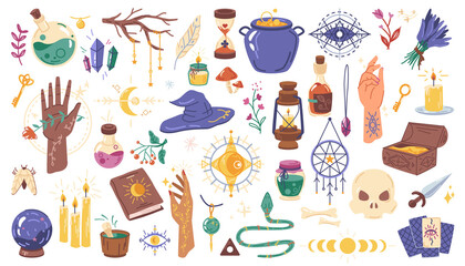 Magic set, Halloween witchcraft elements isolated flat cartoon icons. Vector doodle of witch potion, skull, snake and cauldron, alchemy mystery objects. Lantern and candles, amulet and healing herbs