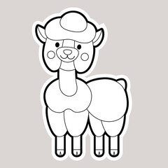 Doodle llama character. Line icon of animal. Adult colouring book page. Little cute sticker.