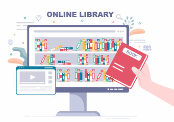 Online Library Digital Education Background with Distance Learning, Recorded Classes, Video Tutorial to Gain Knowledge. Flat Design Vector Illustration