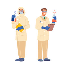 Obraz na płótnie Canvas Laboratory assistant and scientist in protective uniform isolated man and woman flat cartoon characters. Vector chemical and microbiology researches in lab with medical flasks making tests